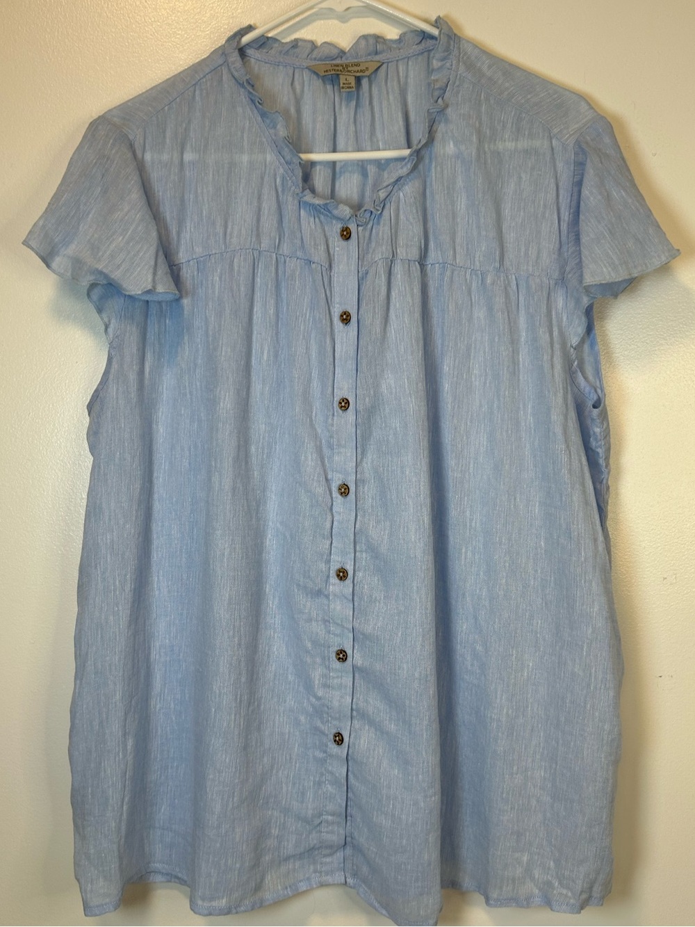 Hester & Orchard Linen Blend Ruffle Cap Sleeve Blue Button Up Top Women’s Large